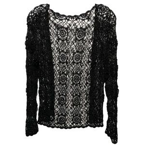 Black Boho Beaded Crochet Net Button Down Cardigan